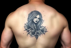 Full thigh tattoo with pretty girl and art work tattoo idea
