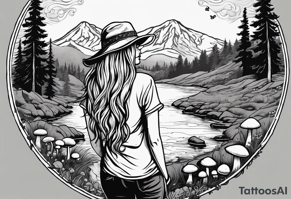 Straight long blonde hair hippie girl in distance holding mushrooms in hand facing away toward mountains and creek surrounded by mushrooms tee shirt hiking pants

Circular picture tattoo idea