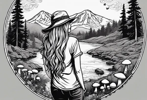 Straight long blonde hair hippie girl in distance holding mushrooms in hand facing away toward mountains and creek surrounded by mushrooms tee shirt hiking pants

Circular picture tattoo idea