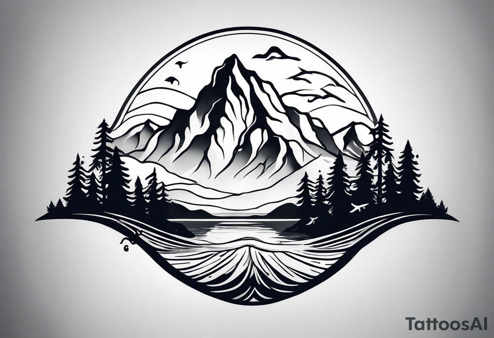This is a minimalistic tattoo that is split into 2 sections; a top half and a bottom half. The top half is a mountain in Norway with a mountain bike trail winding down the mountain. The bottom half of the tattoo depicts an underwater scene featuring water, and sea life. tattoo idea