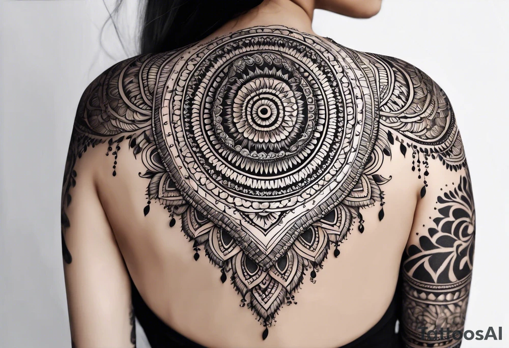 Full sleeve mandala henna female tattoo with mushroom henna at shoulder tattoo idea