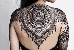 Full sleeve mandala henna female tattoo with mushroom henna at shoulder tattoo idea