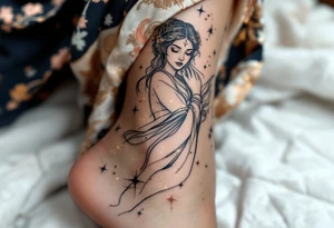 The constellation in champagne gold is integrated into the folds of a flowing robe on a navy-outlined maiden. tattoo idea