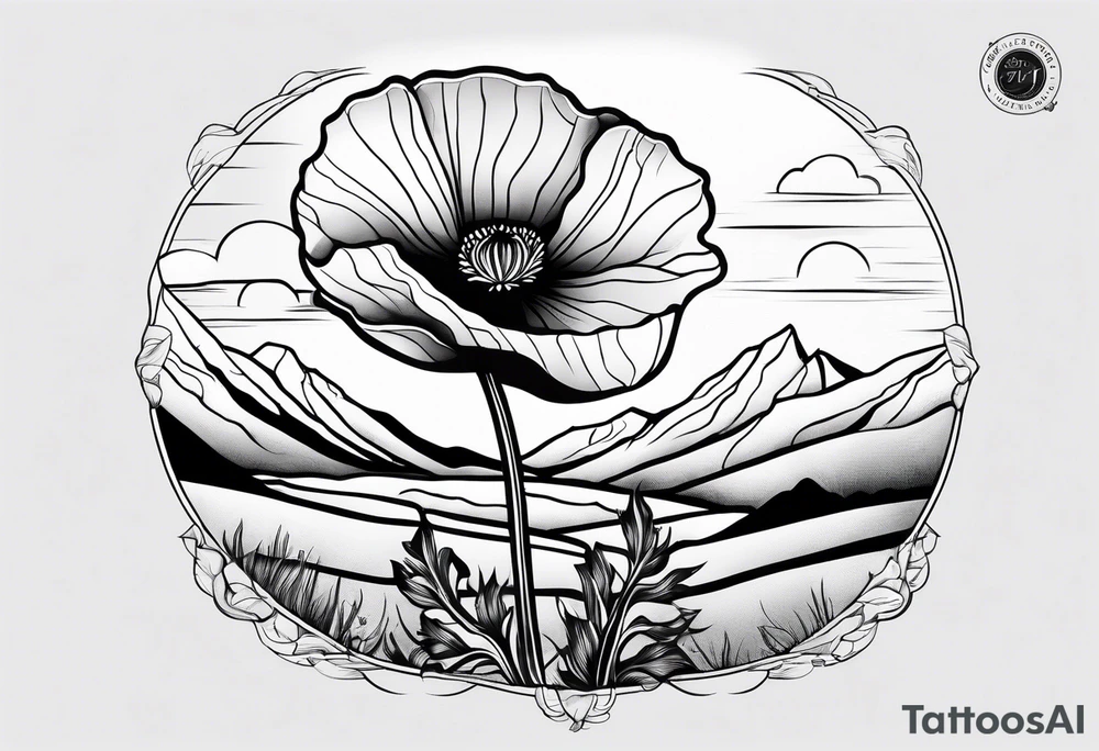 Lone  poppy growing out of boulder in distance tattoo idea