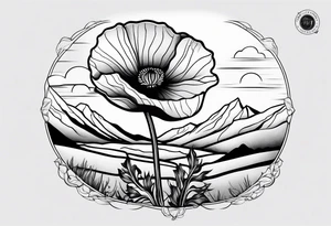 Lone  poppy growing out of boulder in distance tattoo idea