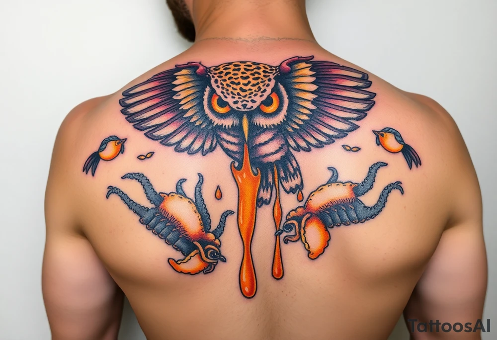 Honey comb, owl dripping honey over sea creatures tattoo idea