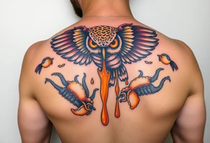 Honey comb, owl dripping honey over sea creatures tattoo idea