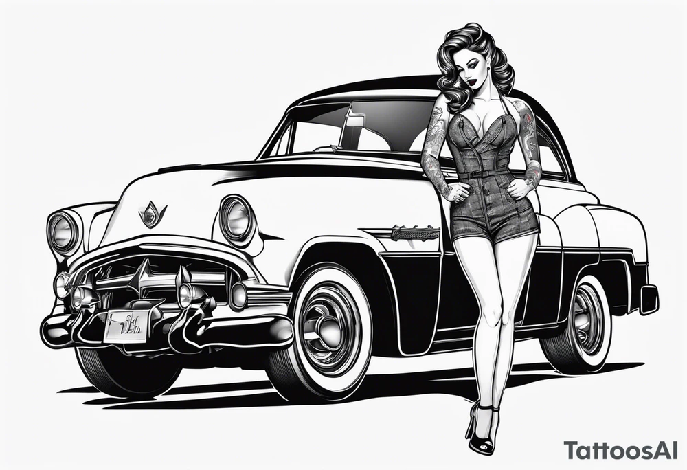 Pinup girl standing by a car tattoo idea