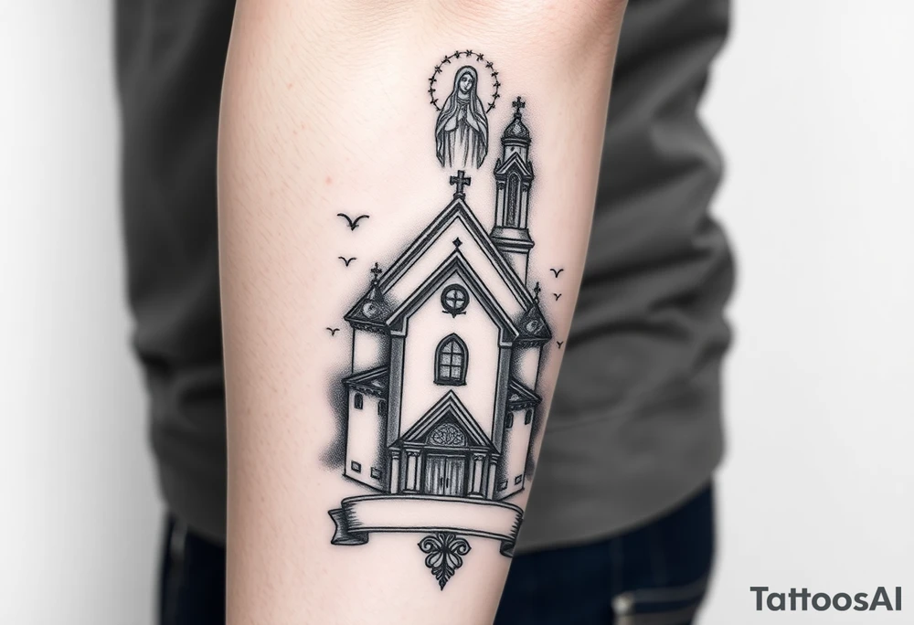 in a dorsal view a detailed orthodox church with a band at the front shrouded with a mist above and fading into a virgin mary overlooking above at the top tattoo idea