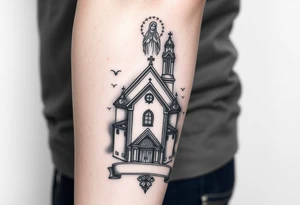 in a dorsal view a detailed orthodox church with a band at the front shrouded with a mist above and fading into a virgin mary overlooking above at the top tattoo idea