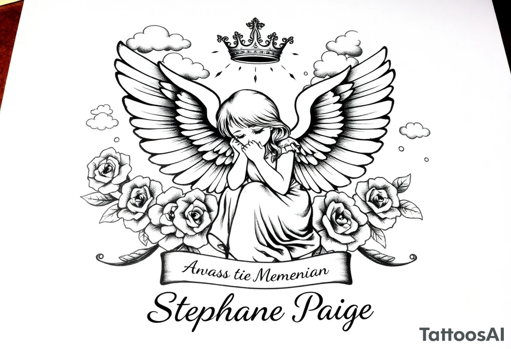 A beautiful memorial tribute tattoo with a fallen angel with big beautiful wings kneeled down crying with roses all around and clouds above and beams of haven shining down. With the saying " You were my favorite hello,and my hardest goodbye.Until we meet again,my sweet girl,rest easy" with the name Stephanie Paige underneath the saying ,all in bold beautiful writing or font. Add a bold crown at the top of it all and any extras you feel would blend or go with this idea. tattoo idea