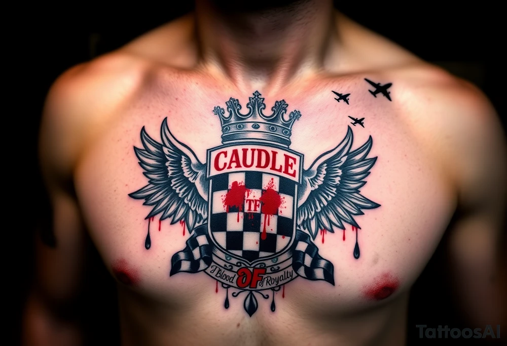 Men Doom Crest  with A Giant King Crown, CAUDLE written inside red, a chessboard, blood splatter on top of two  racing flags & OTF inside, The Words The Blood Of Royalty in red underneath the crest & 🌍 symbol in red outside of the crest, And raining blood drops, Jets/Airplanes/Helicopters/explosives flying above tattoo idea