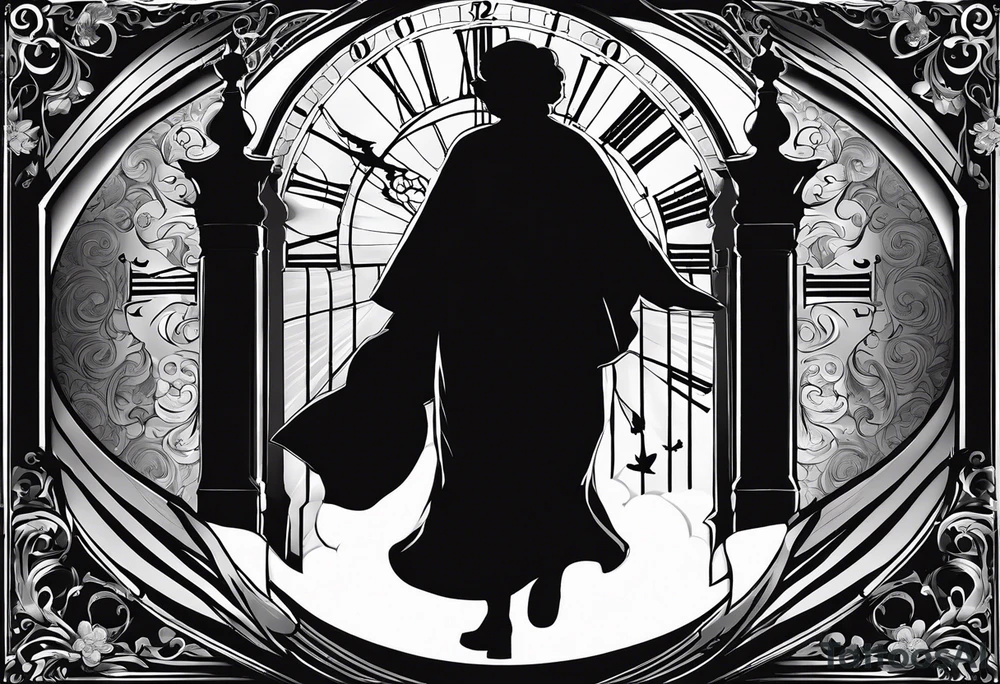Forearm tattoo:
Mawmaw
07-05-38 / 09-23-24
Grandson and grandma silhouette walking up to the gates of heaven with the gates opened shinning bright with a cross and Doves flying around 
Big Busted clock behind it with the time of her death 7:00pm tattoo idea