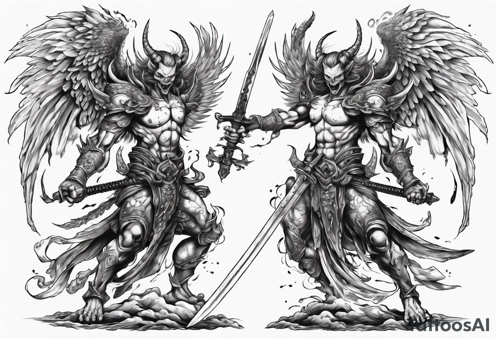 A demon angel wearing organic armor that is in mid-air with his two-handed sword behind them about to attack. tattoo idea