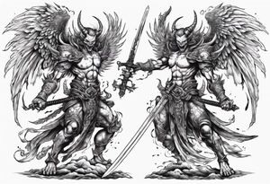 A demon angel wearing organic armor that is in mid-air with his two-handed sword behind them about to attack. tattoo idea