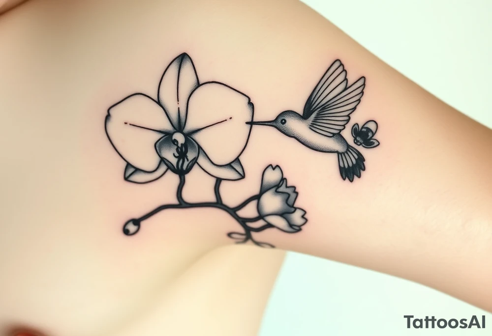 A delicate, black and white fine-line tattoo for male, featuring gracefully detailed 2 orchids in full bloom including their stems, with soft, intricate petals and elegant curves. Beside it, a hummingbird hovers mid-flight, its wings drawn with subtle motion lines, its slender beak reaching toward the orchid’s center to drink its nectar. on the other flower there is a bee that is resting tattoo idea