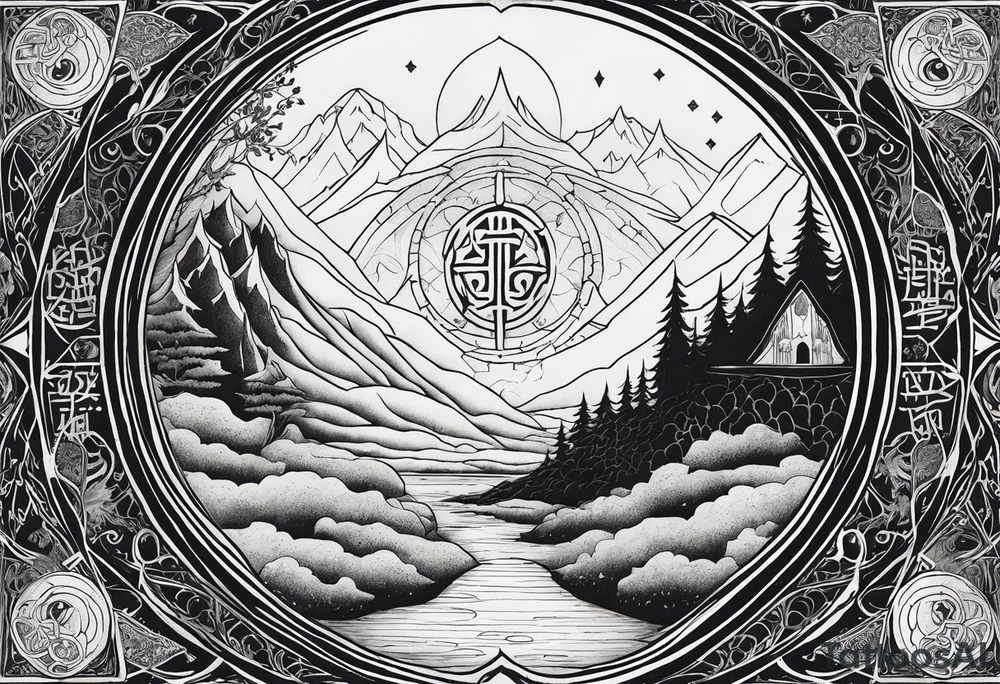 Lord of the rings and Harry Potter movie mashup. Small and simple. Hobbit door hole, wands, elvish writing, deathly hallows tattoo idea