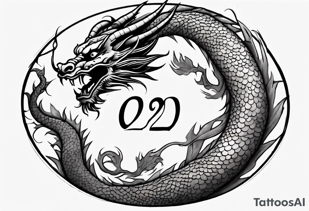 Chinese dragon in a circular shape with "02.03" written on its skin tattoo idea