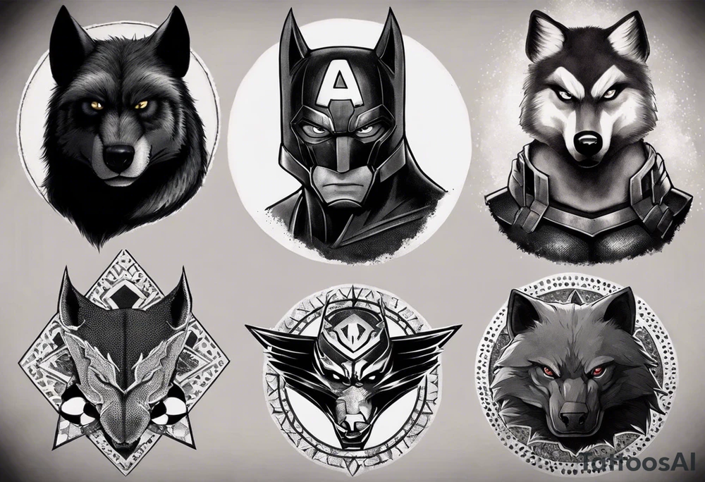 I want to change Avengers Team characters with animals. Hulk will be represented by a Badger.
Thor will be depicted as an Alpha Grey Wolf.
Captain America will be symbolized by a Bull.
Iron Man's character will be embodied by a Canary.
Black Widow's role will be portrayed by an Axolotl.
Hawkeye will be depicted as a Sudan Plated Lizard.
Nick Fury will be represented by a Cat. tattoo idea