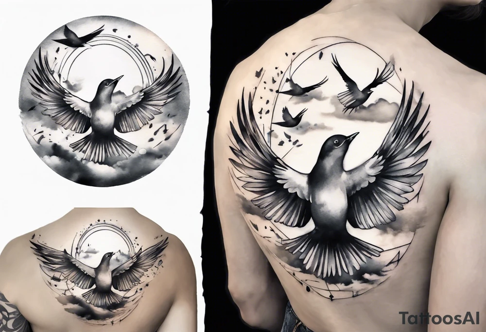 shoulder tattoo with light rays with birds flying free among the clouds, round shape, 3d effect tattoo idea