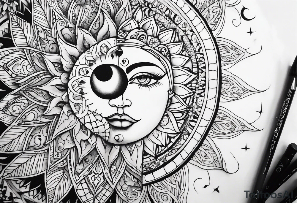 Full sleeve tattoo with large outlines that has the sun and moon intertwined with the 7 chakra symbols that perfectly embodies the divine feminine tattoo idea