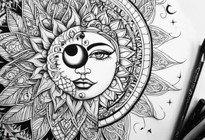 Full sleeve tattoo with large outlines that has the sun and moon intertwined with the 7 chakra symbols that perfectly embodies the divine feminine tattoo idea