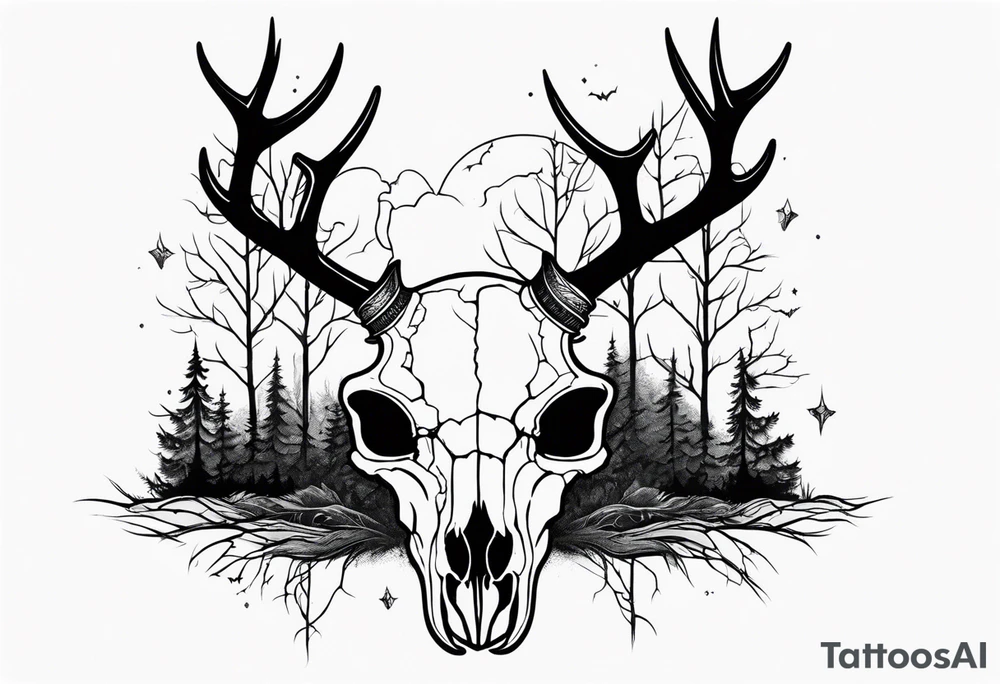 Halloween side view of a DECAYING deer skull JUST BONE surrounded by a forest fire in background tattoo idea