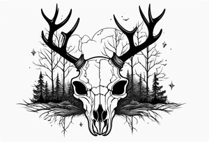 Halloween side view of a DECAYING deer skull JUST BONE surrounded by a forest fire in background tattoo idea
