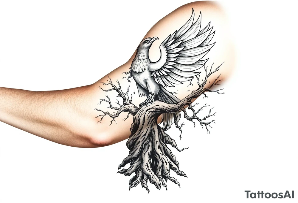 Powerful Phoenix rising from large rooted 
tree of life tattoo idea