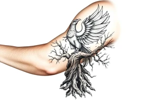 Powerful Phoenix rising from large rooted 
tree of life tattoo idea