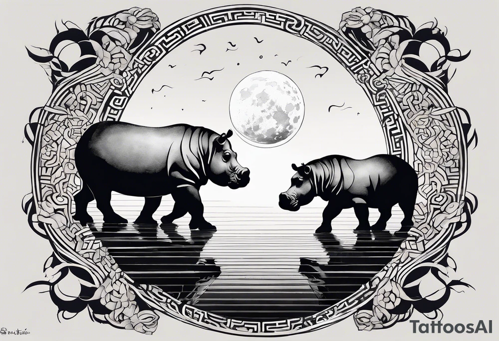 Asymmetrical, geometric, chinese ink art touch, hippo , full moon, tribal, size 9:16 tattoo idea