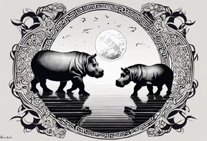 Asymmetrical, geometric, chinese ink art touch, hippo , full moon, tribal, size 9:16 tattoo idea