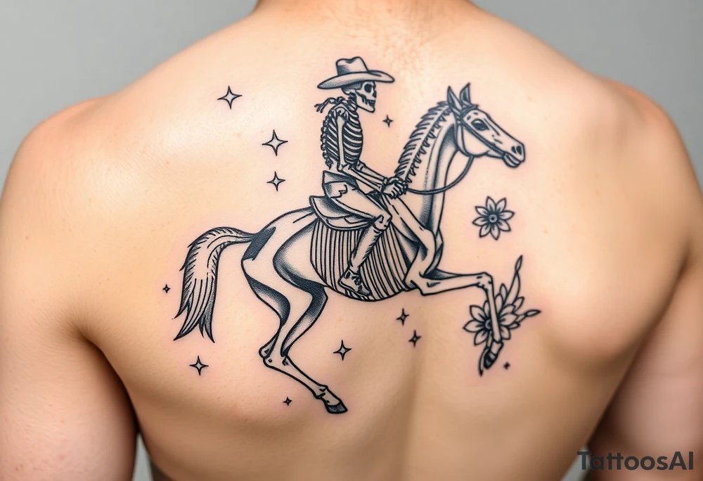 cowboy skeleton riding a horse skeleton on bicep, Fill with (stars, dots, and flowers) tattoo idea