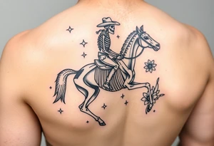 cowboy skeleton riding a horse skeleton on bicep, Fill with (stars, dots, and flowers) tattoo idea