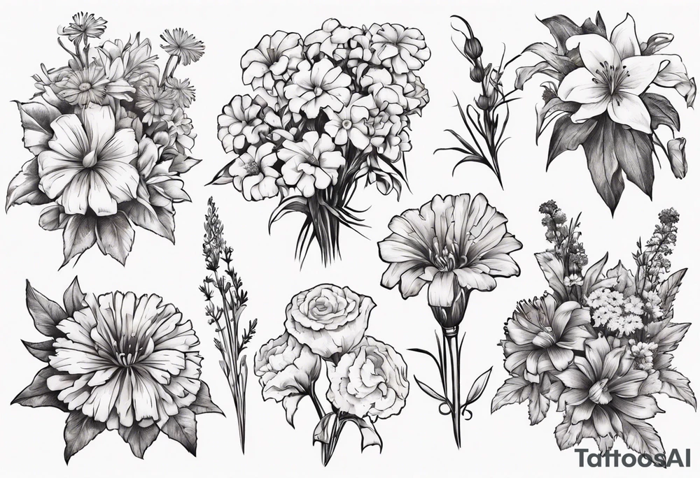 Bouquet of marigolds, lilies, morning glories, asters, violets, and carnations tattoo idea