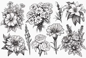 Bouquet of marigolds, lilies, morning glories, asters, violets, and carnations tattoo idea
