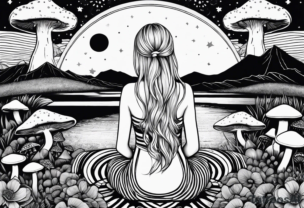 Straight blonde hair girl meditating facing away toward mountains surrounded by mushrooms crescent moon mandala circular design black and white striped dress tattoo idea