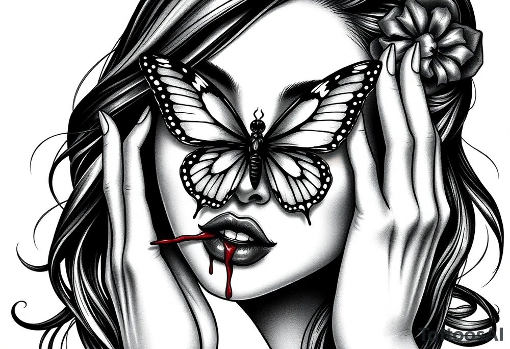 Black and grey realism tattoo design of a beautiful woman's face. And a butterfly landing g on her on the upper bridge of her nose so that the lower wings of the butterfly is covering both her eyes  the butterflys right lower wing is covering her right eye and the lower left of the butterfly wing is covering her left eye  (see no evil), she is bitting on her lip hard to where it is bleeding bright red(speak no evil). Wuth her left hand iver her left ear and her right hard over her right ear ( hear no evil )The style is black and grey realism, hyper-realistic, dark, and evil. Incorporate ninja gear elements and mechanical details (gears) subtly into the background or clothing for a gear ninja evil look. Design for a full forearm sleeve placement tattoo idea