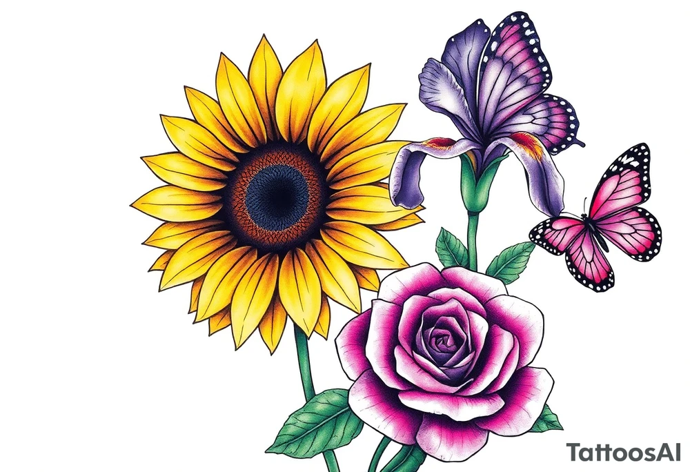 Sunflower, iris and a Rose with purple butterflies on side tattoo idea