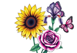 Sunflower, iris and a Rose with purple butterflies on side tattoo idea