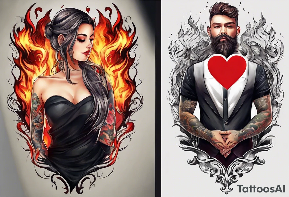 In thiele sfumato. A girl with an empty heart and a guy with a burning heart. They stand back to back tattoo idea