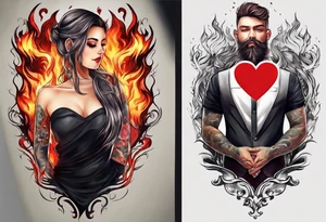 In thiele sfumato. A girl with an empty heart and a guy with a burning heart. They stand back to back tattoo idea