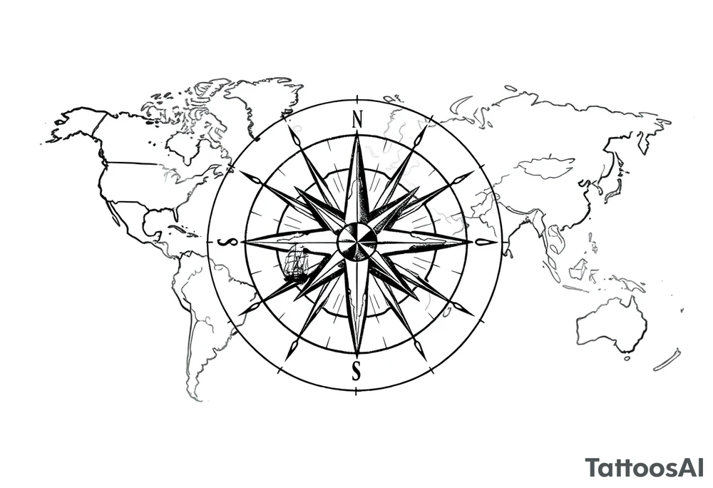 antique compass rose overlaid on weathered world map with sailing ships tattoo idea