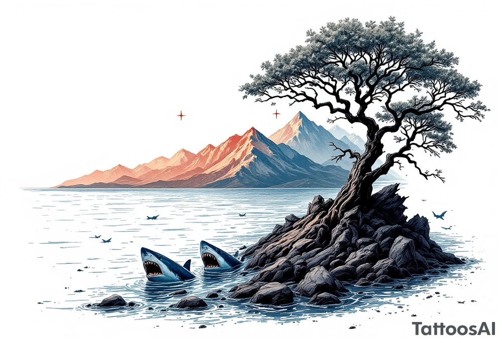 tattoo that has an acacia tree with mountains, ocean with a ship wreck with sharks and the northern star tattoo idea