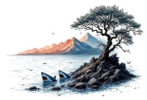 tattoo that has an acacia tree with mountains, ocean with a ship wreck with sharks and the northern star tattoo idea