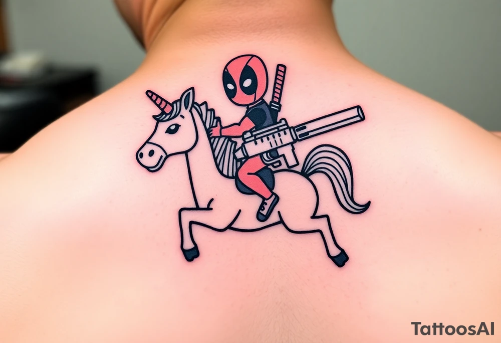 Deadpool riding cartoon unicorn holding big gun tattoo idea