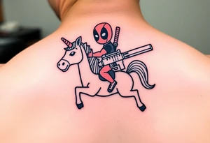 Deadpool riding cartoon unicorn holding big gun tattoo idea