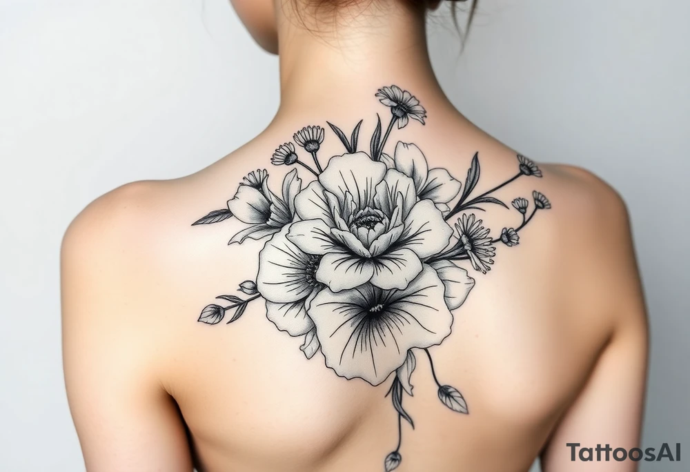 3d realistic Bouquet Carnation rose lily luster and aster flower tattoo idea