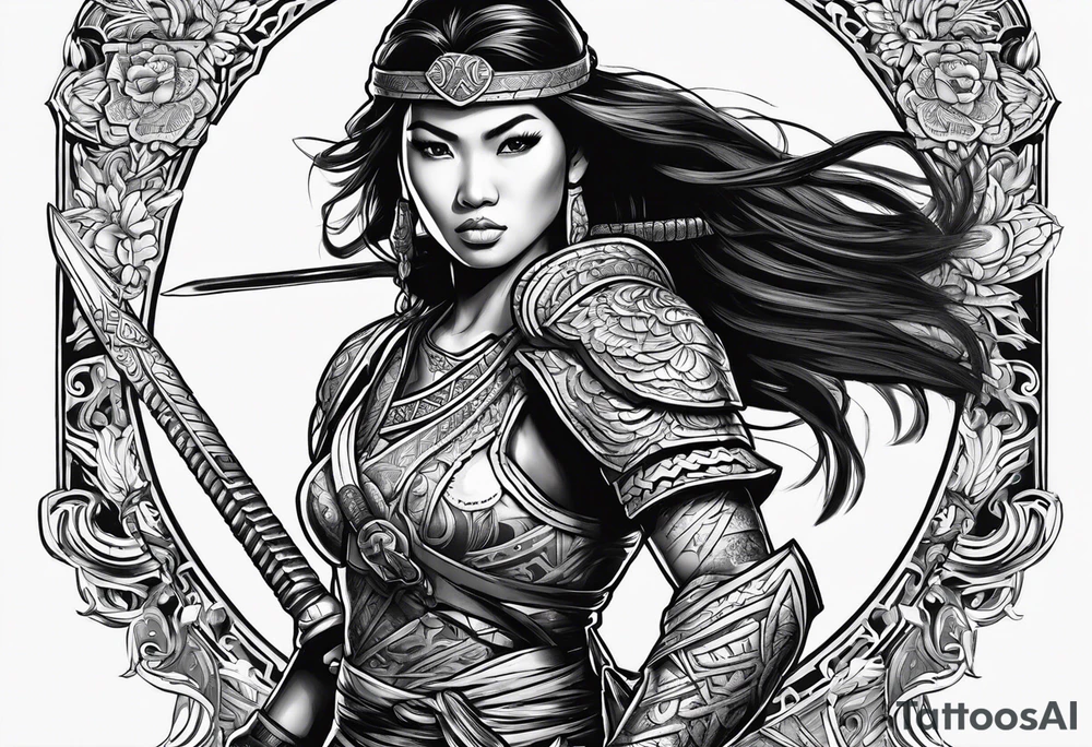 Strong Filipino female warrior pretty face Balisong alibaba ready for battle tattoo idea