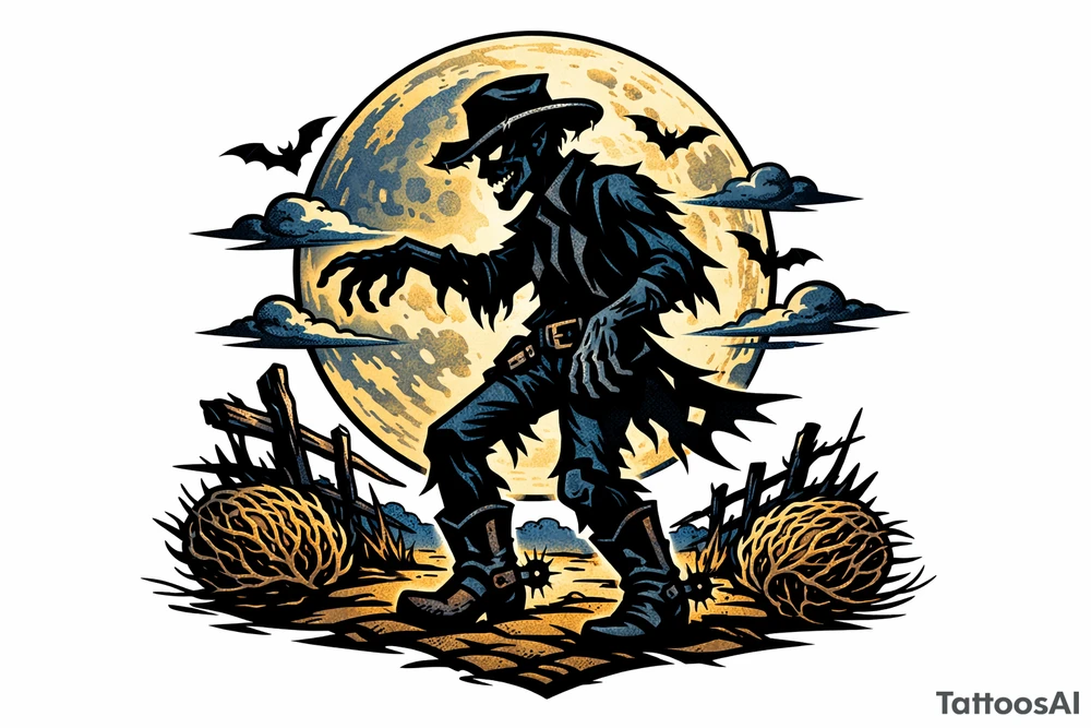 Zombie cowboy silhouette on a moonlit prairie, tumbleweeds rolling. tattoo idea